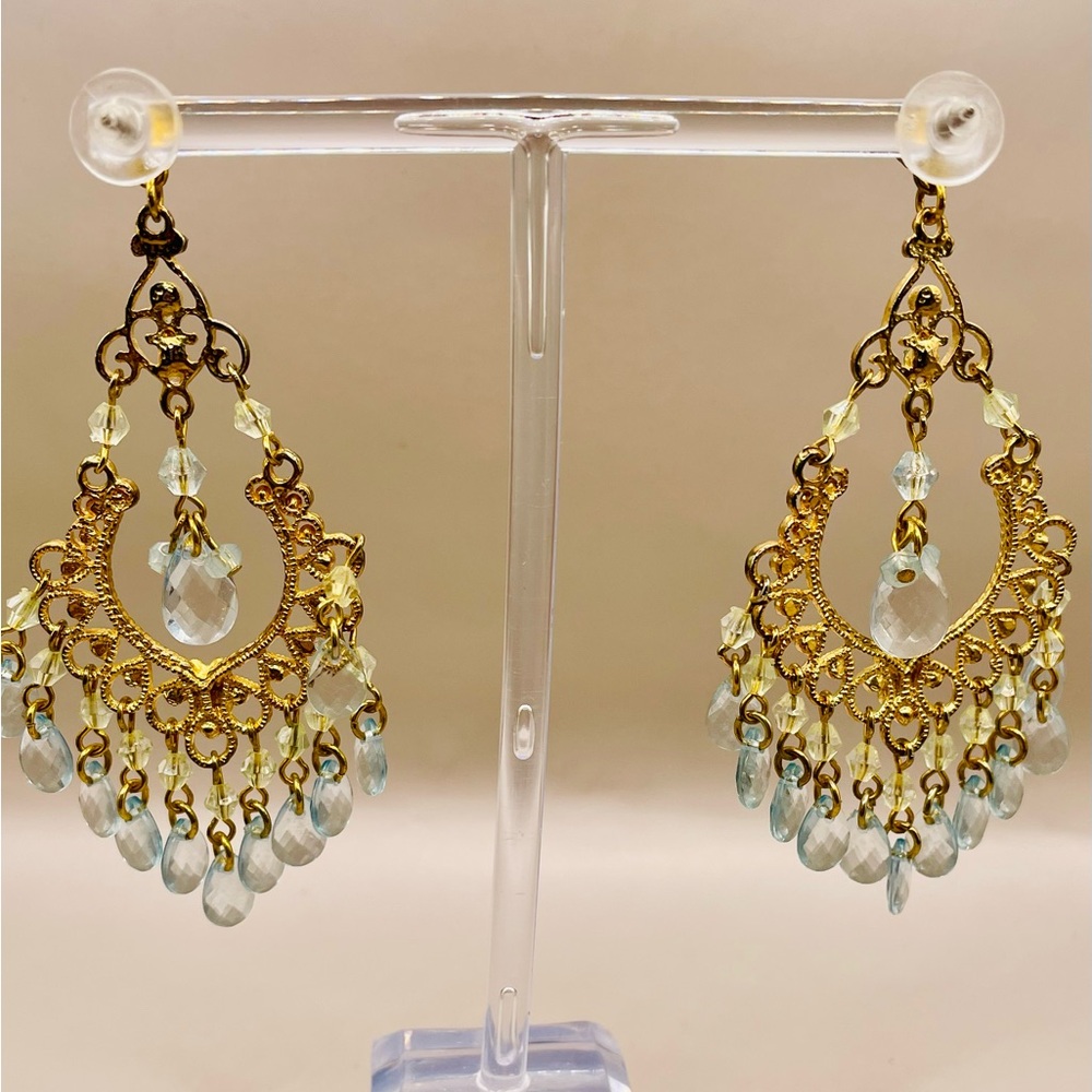 Drop dangle gold and light blue bead teardrop cathedral earring with rhinestones - Picture 3 of 5